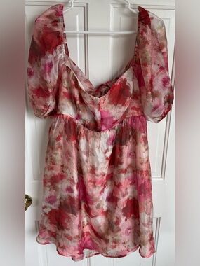 Lulus Darling Aura Pink Floral Organza Babydoll Mini Dress XL